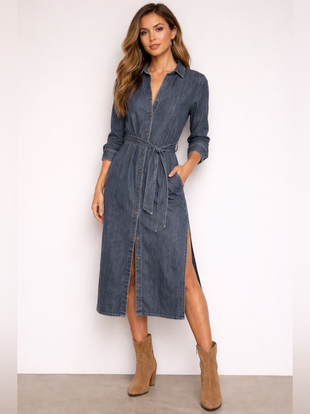 Cloth & Stone Denim Shirt Dress Lyocell Button Front Midi Roll Tab M - Picture 1 of 7